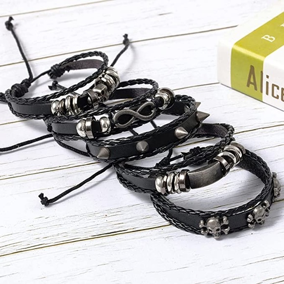 5 Pcs Set Punk Rock Infinity Skull Braided Leather Rope Bracelets - Picture 4 of 14